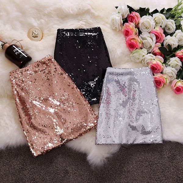 

hisuma 2019 summer new women solid color high waist slim bling mini hip skirt female shiny sequined a-line skirts, Black