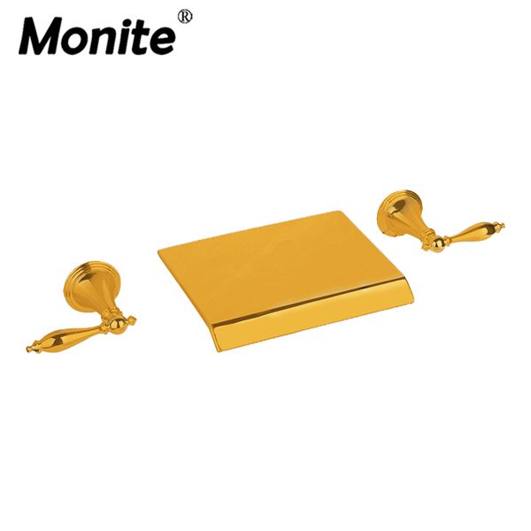 

monite golden plated bathtub faucet bathroom faucet 3 pieces set double handles deck mounted basin sink mixer tap