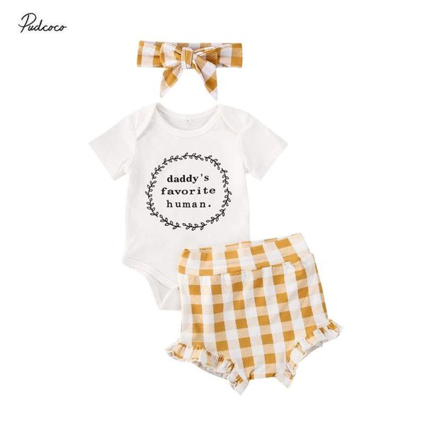 

2020 daddy newborn baby girls letter print short sleeve romper jumpsuit +headband +yellow white plaid shorts 3pcs clothes set
