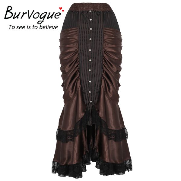 

burvogue women's brown gothic steampunk long maxi skirt victorian vintage party ruffled satin skirts plus size, Black