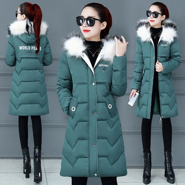 

wholesale cotton women's long section new slim down jacket cotton large fur collar student jacket size s-xxl, Black