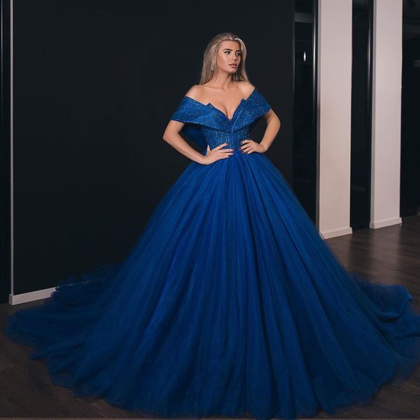 

blue sequined ball gown prom dresses off the shoulder v neck formal dress plus size tulle sweep train evening gowns, Black