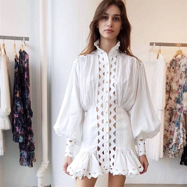 

Women 2019 new tyle high collar hollow out lantern leeve hollow out fold dre plicing lotu leaf edge party dre