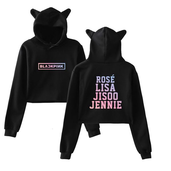 

women designer hoodies women clothes kpop blackpink hoodies women team member name sweatshirt korean style blackpink navel hoodie, Black