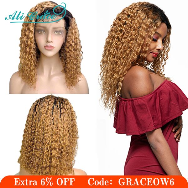 

ali grace 1b/27 kinky curly bob wig ombre lace front wig brazilian human hair wigs pre plucked hairline with baby hair remy, Black;brown