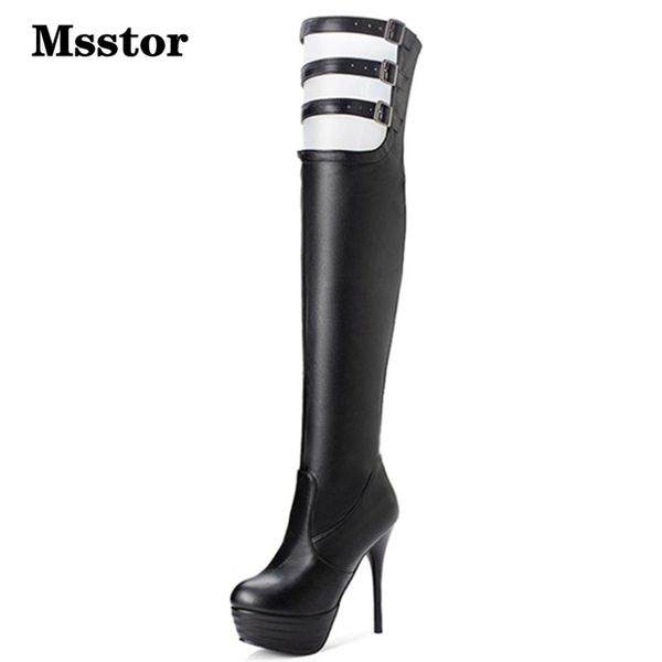 

hollow boots buckle strap white super high heels zipper platform boots party round toe winter shoes women fashion 2019, Black