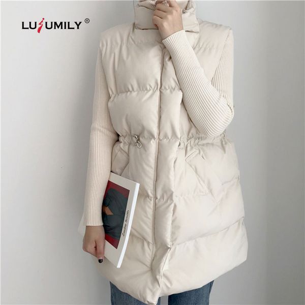 

lusumily winter autumn thick women's vest sleeveless stand collar warm cotton vests drawstring casual down jacket female coats, Black;white