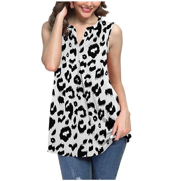 

women's leopard print v neck sleeveless loose casual tee blouses, White
