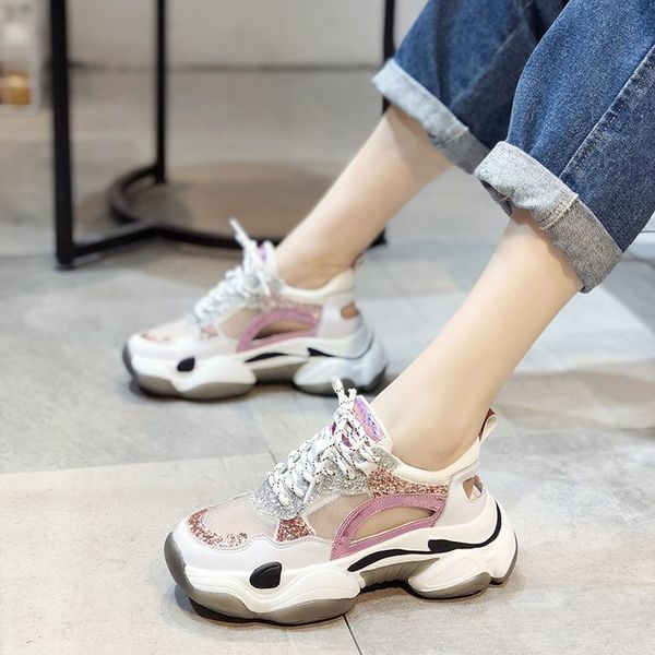 

summer mesh sports sandals women's 2019 new style sequin casual d'lites porous thick bottomed hollow out dad shoes, Black