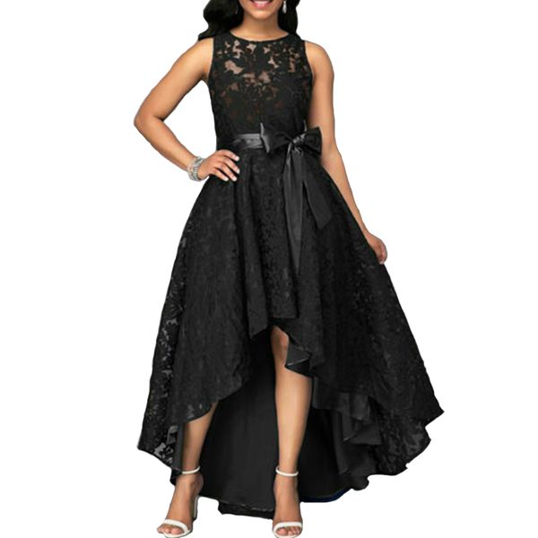 

ladies sleeveless solid gown crew neck fashion a-line women dress prom summer cocktail evening party formal large hem lace long, Black;gray
