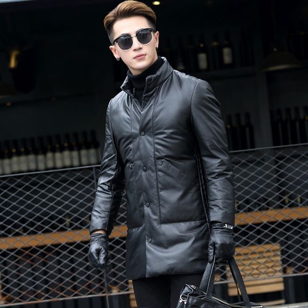 

winter warm single breasted stand collar mens medium length coats genuine leather sheepskin light thin plus size male down coats, Black