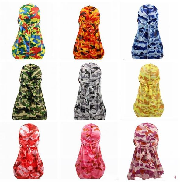 

miltary camouflage silky durag colorful premium 360 waves long tail silky durags hiphop caps for men and women du-rag, Blue;gray