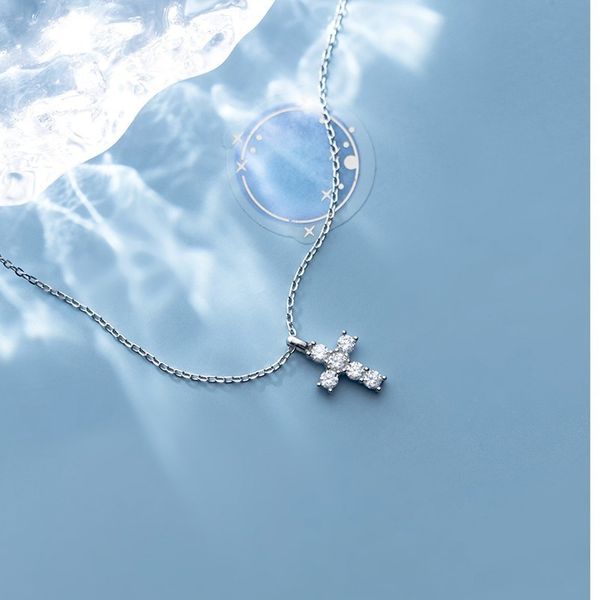 

fashion 100% 925 sterling silver small cross pendant with shiny cubic zircon stone statement link chain necklace for women girls