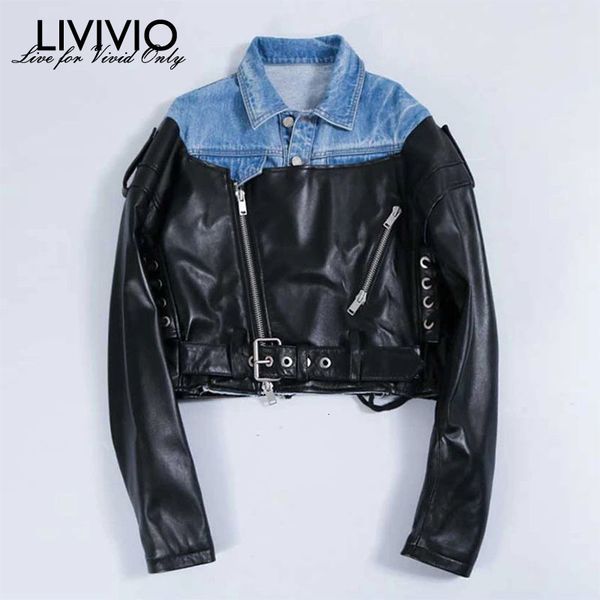 

livivio] pu leather patchwork denim jackets with belt women coat long sleeve female outerwear 2019 autumn fashion streetwear, Black