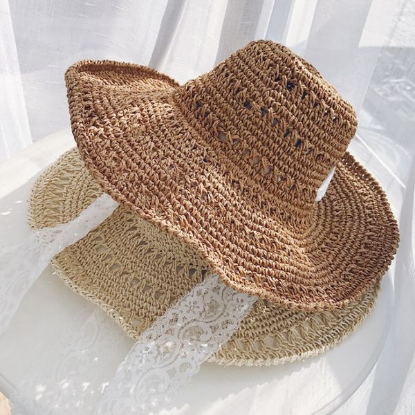 

summer hats for women straw sun hat lady girls lace ribbon bow beach hat floppy female travel folding