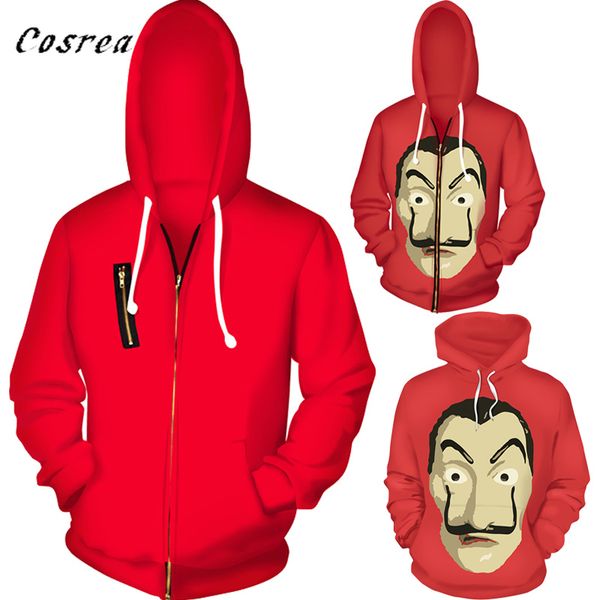 

movie salvador dali cosplay zipper hoodie sweatshirt halloween party la casa de papel mask red jacket coat for women and men, Black