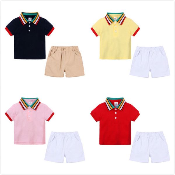 

2020 summer baby child cotton soft shorts set rainbow collar shirt toddler boy clothing 6m-7t, White