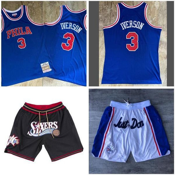 

men's basketball philadelphia 76ers 3 allen iverson mitchell & ness 1996-97 blue swingman jersey and pant, Black;red