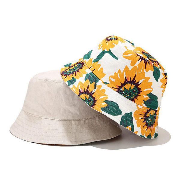 

summer sunflower print bucket hat women men cotton fashion cap girls double-sided sun femme panama hat sun bucket cap z0513
