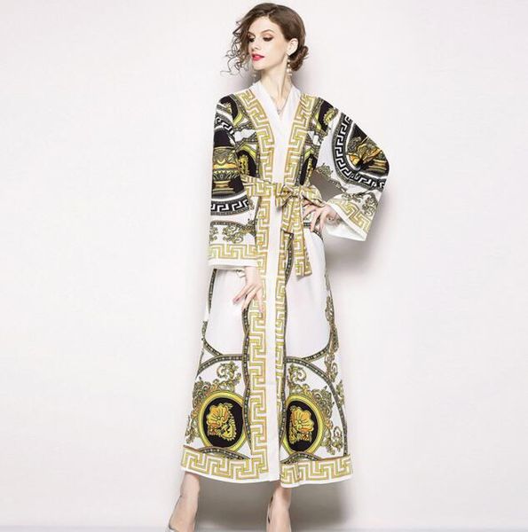 

women's retro court print v-neck band width pine european dress, Black;gray