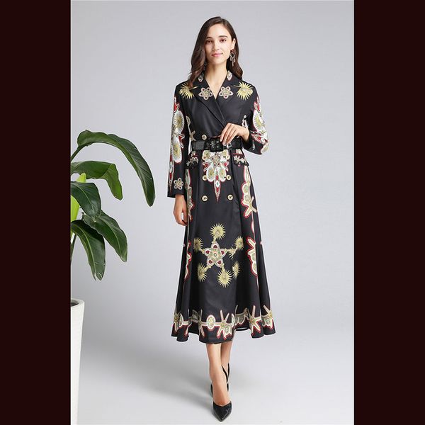 

fashion women's elegant black windbreaker long sleeve ethnic print belt midi long jacket autumn winter new, Tan;black