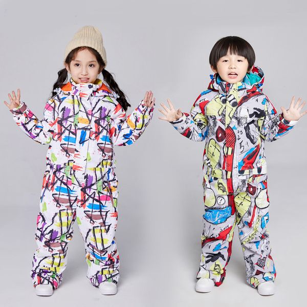 

children jumpsuit ski set girl siamese waterproof boy outdoor snowboard jacket warm cartoon hooded overalls kids skiing suit