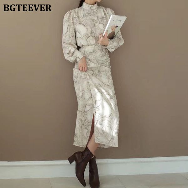 

bgteever vintage stand collar blooming women dress elegant lace up striped female dress full sleeve summer vestidos femme 2020, Black;gray