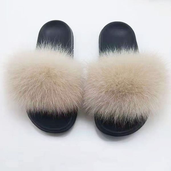 

real fur slippers women furry home sandals children fluffy fur slides ladies hair flip flops parent-child house slippers, Black