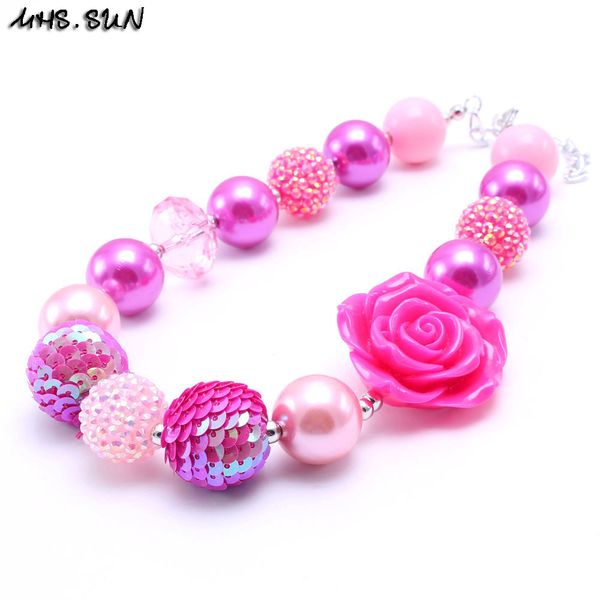 

mhs.sun 2pcs pink design kid chunky bubblegum necklace flower girl children chunky bead necklace jewelry gift to baby, Silver
