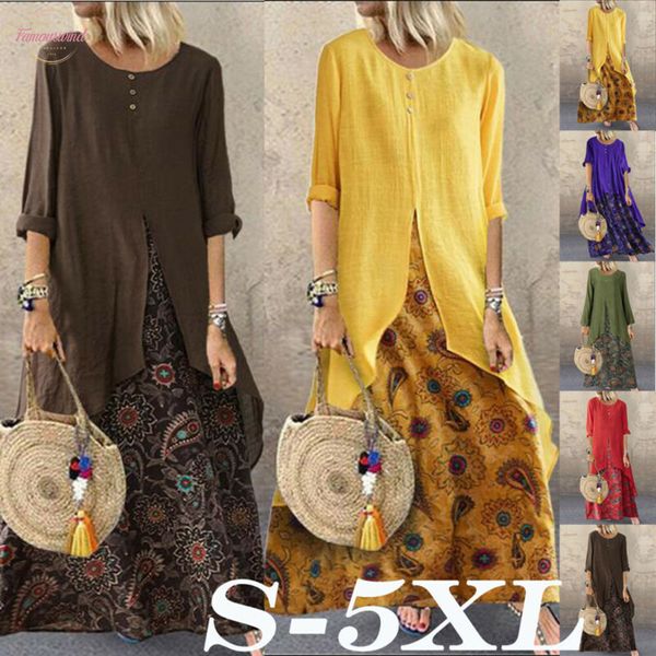 

elegant floral ethnic long dress woman autumn boho o neck long sleeve loose maxi dresses plus size 5xl vestido, Black;gray