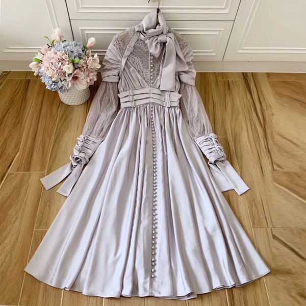 

red roosarosee designer autumn women long dresses vintage bow collar see-through back sleeve party holiday high end dress, Black;gray