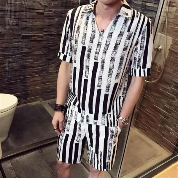 

2020 stripe shirt men ensemble homme survetement homme 2 piece pullover shirt + shorts causal beach set, Gray