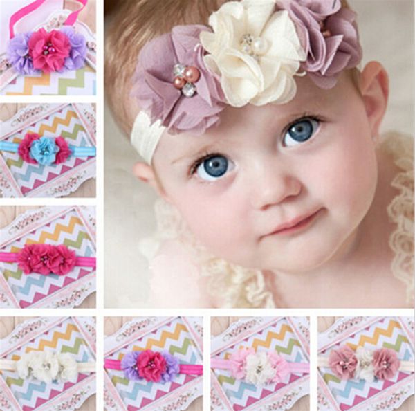 

newborn flower elastic hair band kids headband chiffon 3 flower pearl diamond ring hair accessories flower headbands, Slivery;white