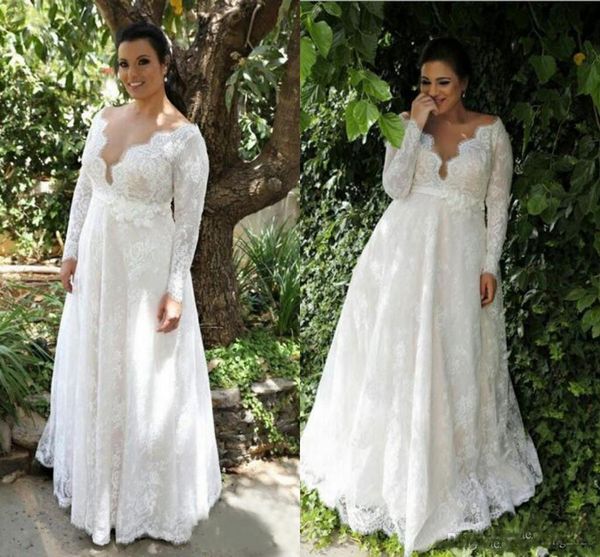 

2019 Gorgeous Plus Size A-line Wedding Dresses Sexy Sheer V Neck Long Sleeves Lace Floor Length Zipper Back Garden Bridal Gowns Custom Made