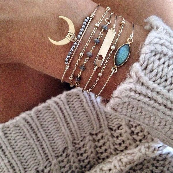 

women bracelets elliptical blue crystal heart openwork beads moon gold bracelet set bohemian dance party jewelry accessories, Black