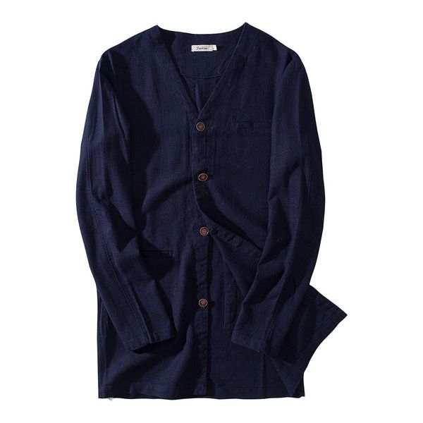 

feitong fashion autumn jacket men cotton linen jackets solid long sleeve v neck buttons outwear, Black;brown