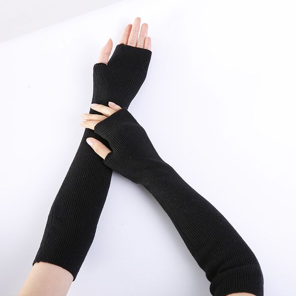 

winter men women long cashmere sleeves solid soft thicker warm sheep wool stretch knit half finger fingerless mittens gloves c71, Blue;gray
