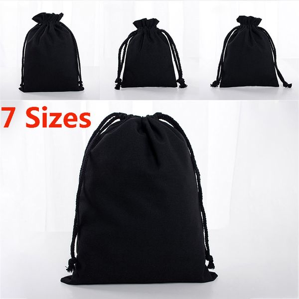 

7size pouch bags reusable shopping bag drawstring canvas pocket wedding party gift packaging home black storage bags christmas hh9-2289