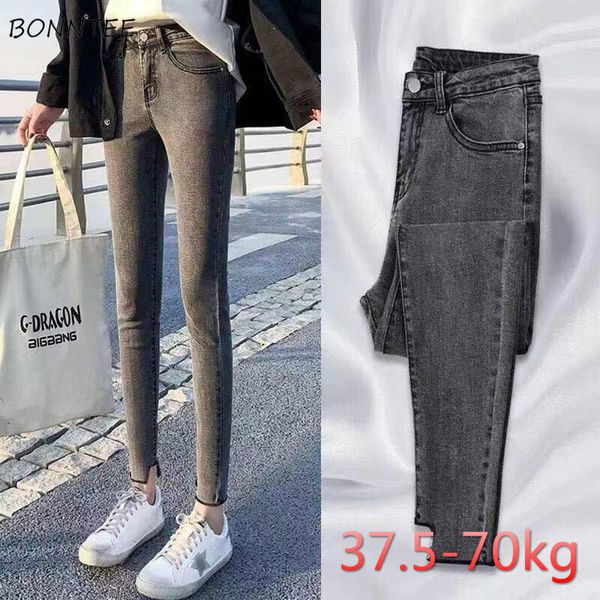

jeans women large size skinny high waist pencil trousers full length womens irregular cropped chic harajuku pockets casual, Blue