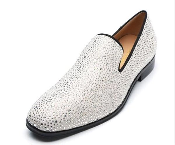 2019 Men Dress Shoe White Leather Shoes Point Toe Flats Glitter Wedding ...