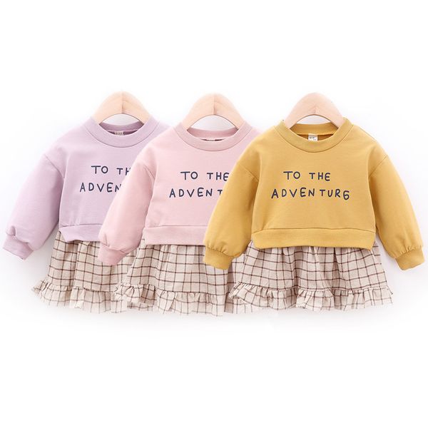 

new arrival autumn winter toddler kid baby girls letter print plaid patchwork casual dress long sleeve o-neck cloth bebek giyim, Red;yellow