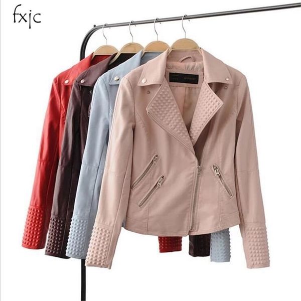 

2018 spring new women's pu candy color jacket coat leather diagonal motorcycle jacket, Black;brown