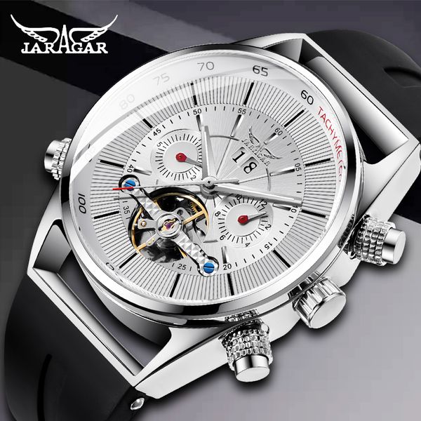 

jaraga watch tourbillion fashion black silicone clock multi function mens watch automatic mechanical watches for men, Slivery;brown