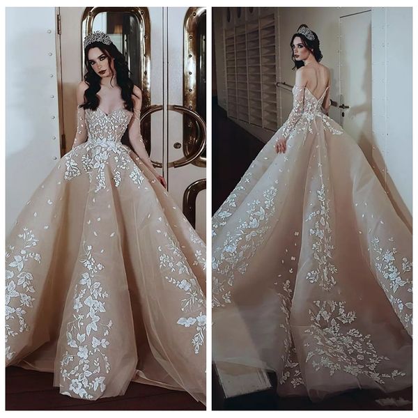 

lace ball gown wedding dresses bridal gowns 2019 long sleeve champagne wedding dress princess south africa ing, White