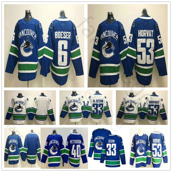 

vancouver canucks ice hockey 6 brock boeser jersey 33 henrik sedin h.sedin 53 bo horvat 40 elias pettersson blue white stitched jerseys, Black;red