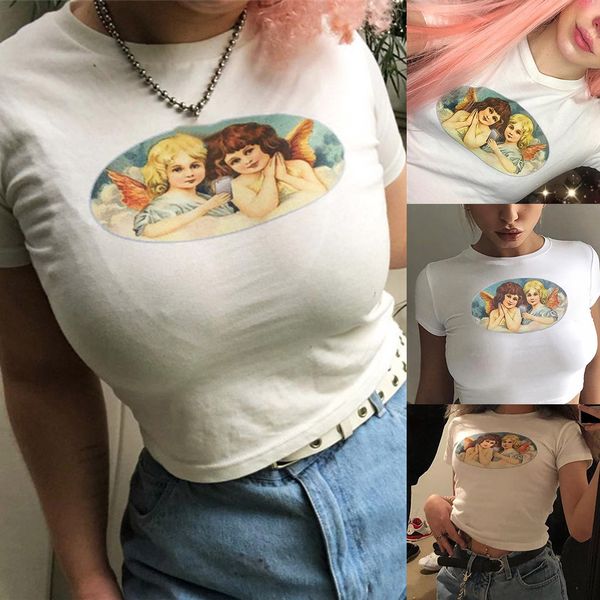 

korean clothes 2019 sexyÂ women fashion casual short sleeve turtleneck print short bodycon t-shirt tee shirt femme, White