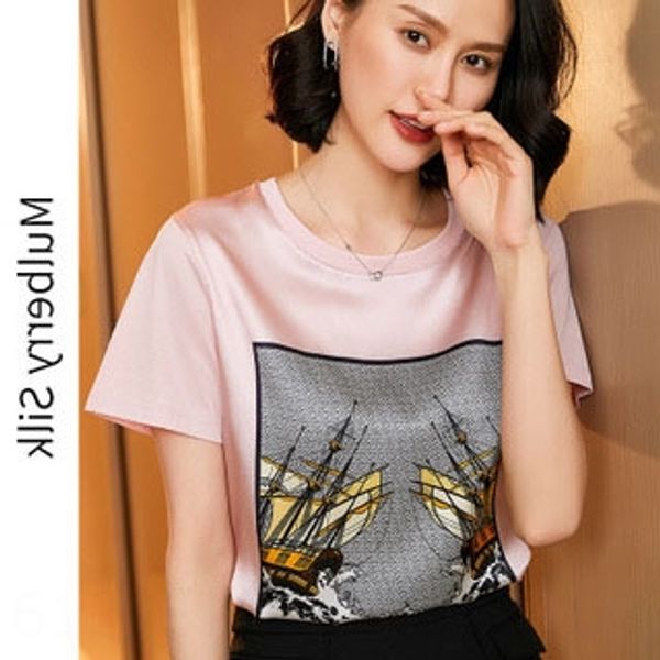 

2020 white short-sleeved silk t- head t- shirt mulberry silk loose half-sleeve base shirt female
