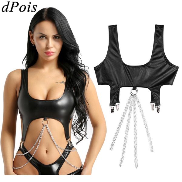 

women fashion pu leather bikini with metal tassel chain clips bra 2019 bralette black vest tank crop clubwear