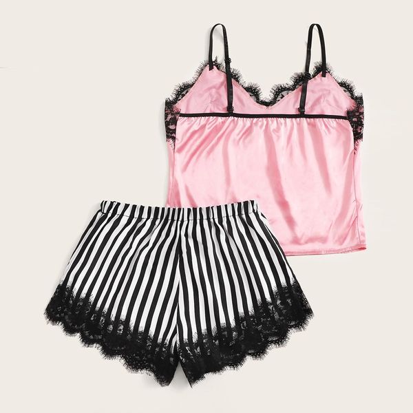

lingerie pajamas for women kigurumi home clothes nightie v-neck lace satin striped camisole sleepwear bowknot shorts set h4, Black;red