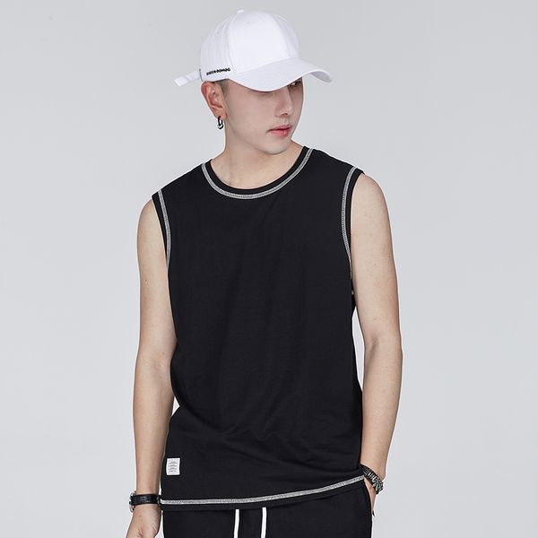 

korea style pure cotton men sleeveless shirt round neck summer solid color vest workout fitness outdoo men breathable tank, White;black